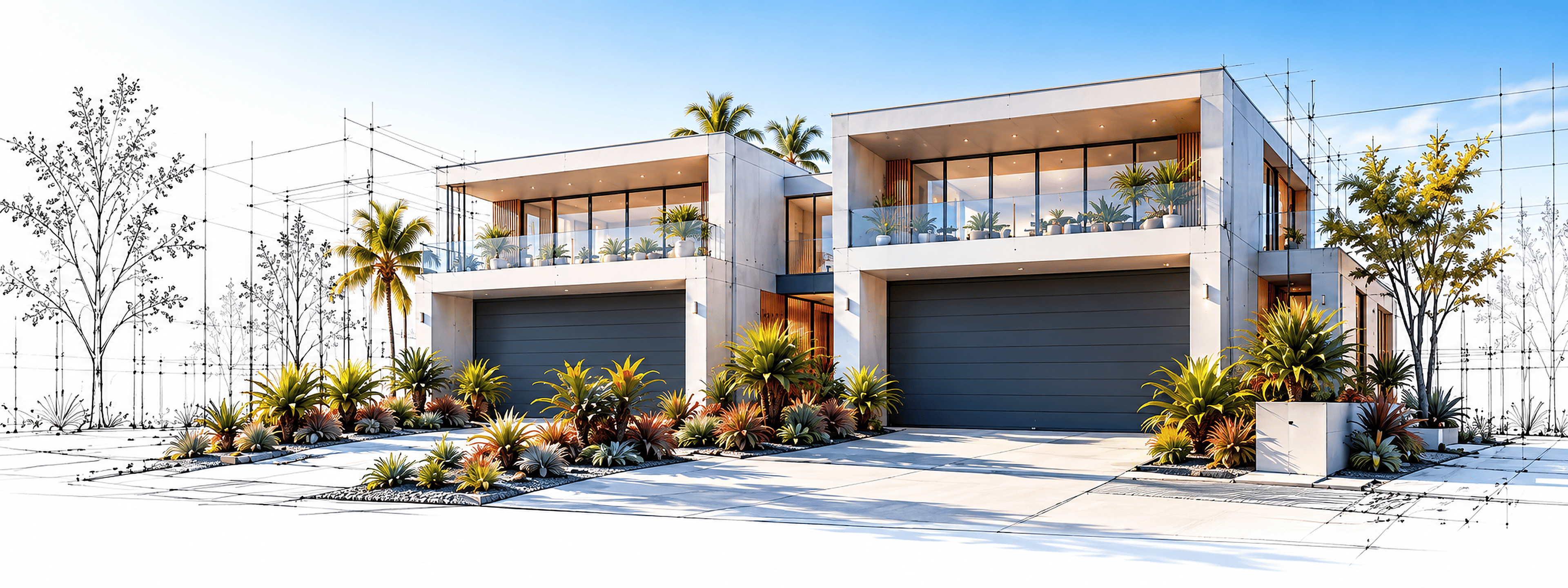 Architectural sketch lines resolving into a finished contemporary DUPLEX