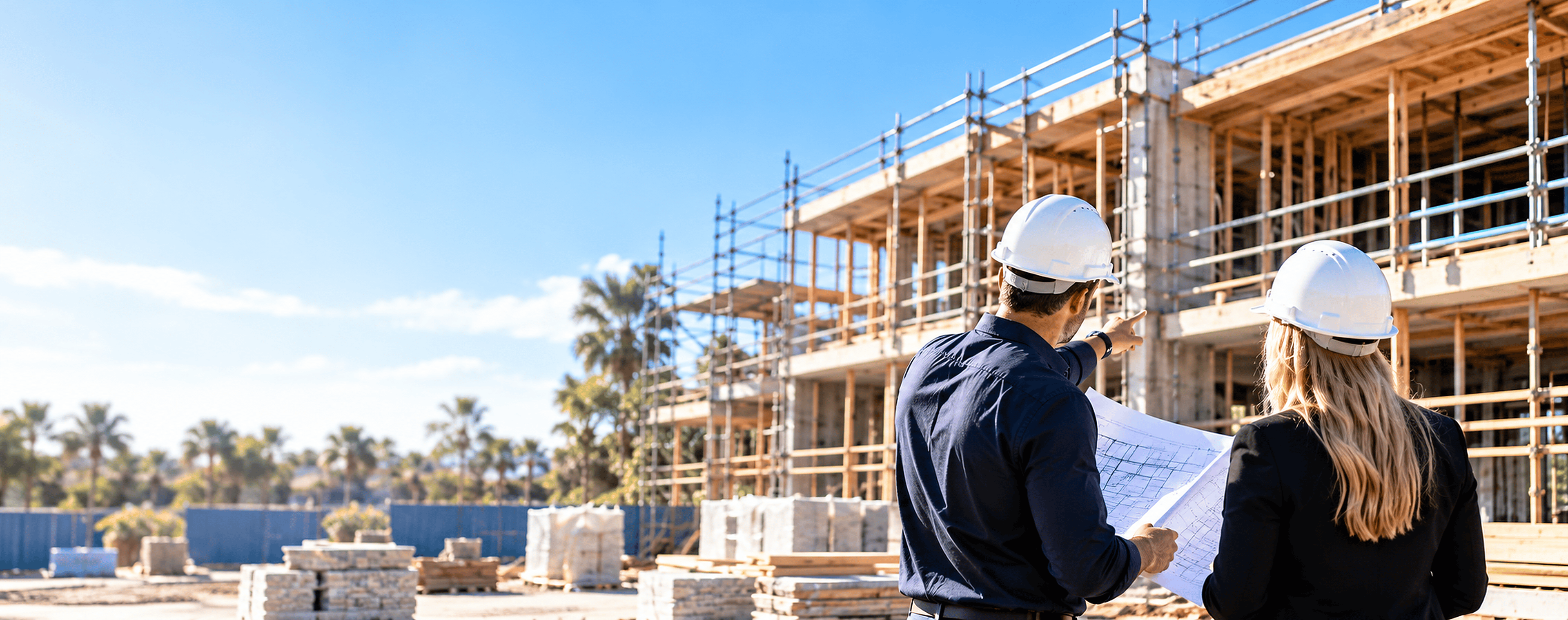 A project manager and a colleague review plans in front of a DUPLEX under construction