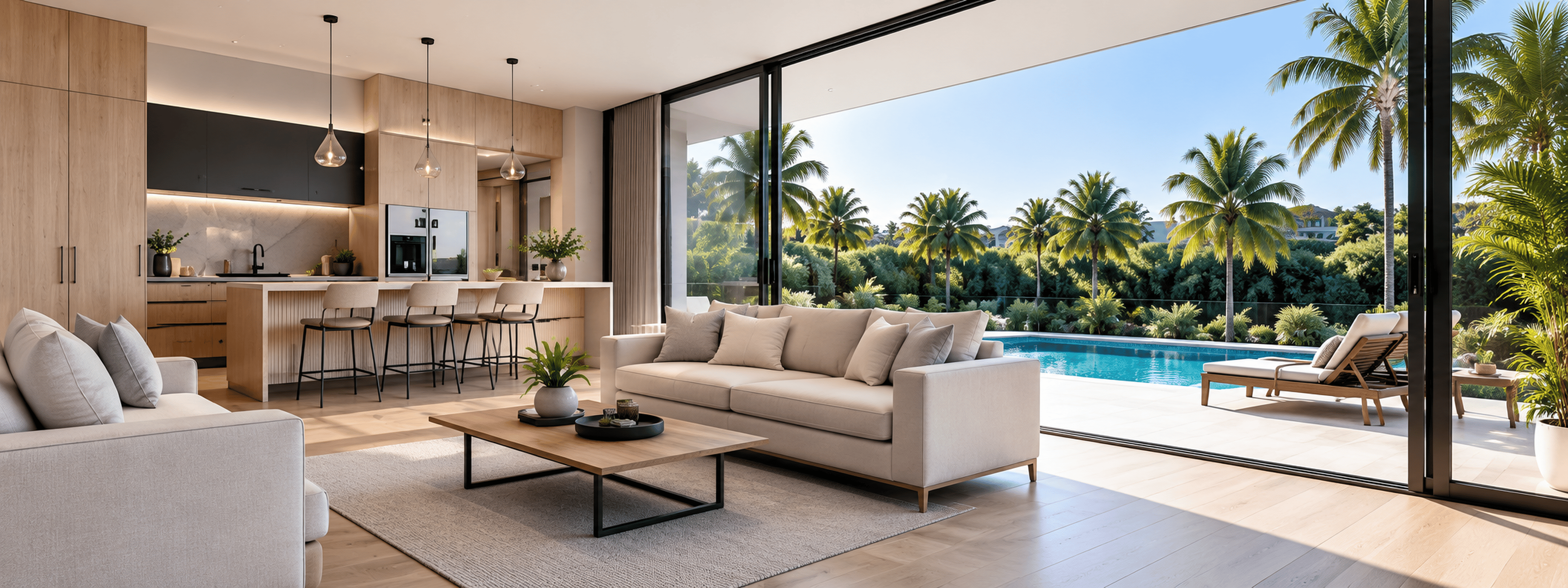 Interior of a completed DUPLEX INVEST DUPLEX opening to a pool and palm garden
