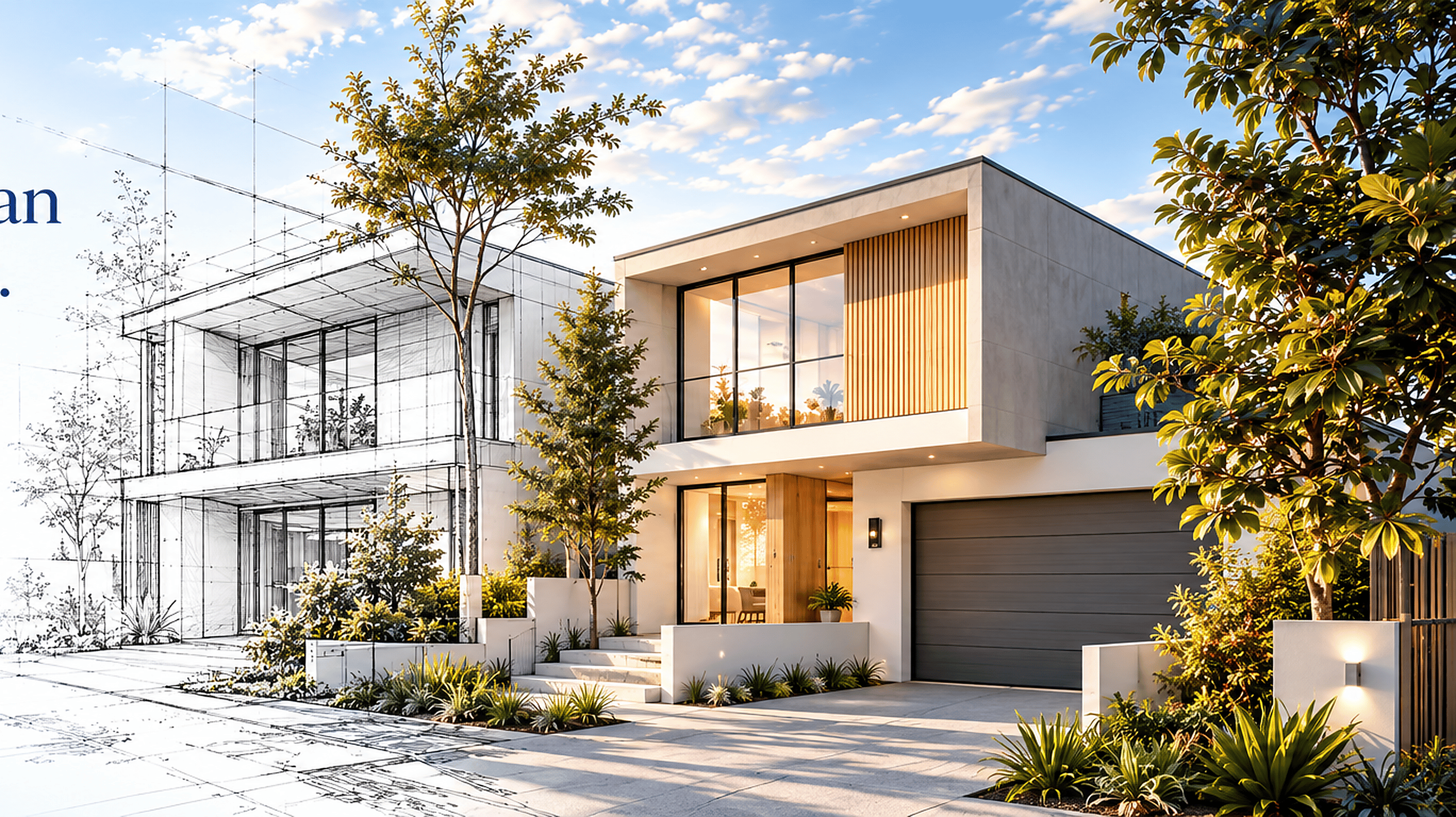 Architectural sketch resolving into a finished contemporary DUPLEX